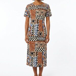Liz & Co Vintage 90s Art Teacher Geometric Knit Midi Dress Bold Primary Print L